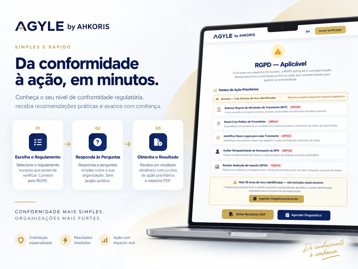 AGYLE by AHKORIS: escolha o regulamento, responda às perguntas e obtenha o resultado, com uma representação ilustrativa do relatório.