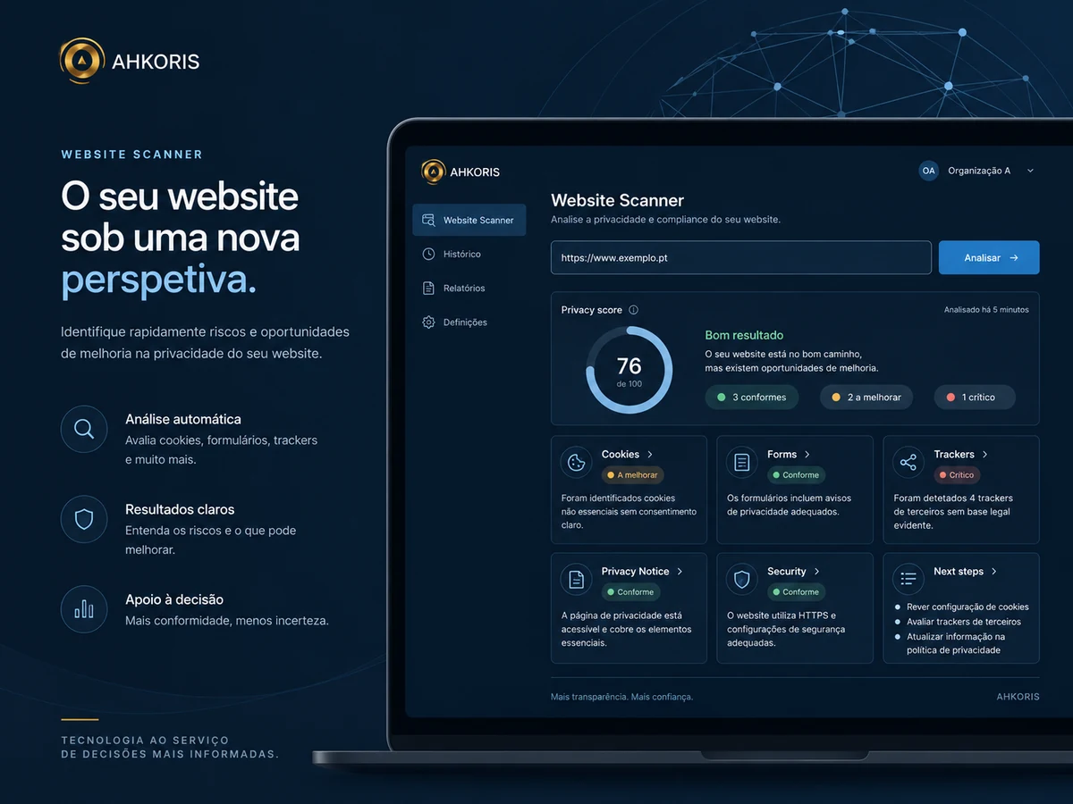 Ilustração de um painel do Scanner com URL, score de exemplo, cookies, formulários, trackers e informação de privacidade.